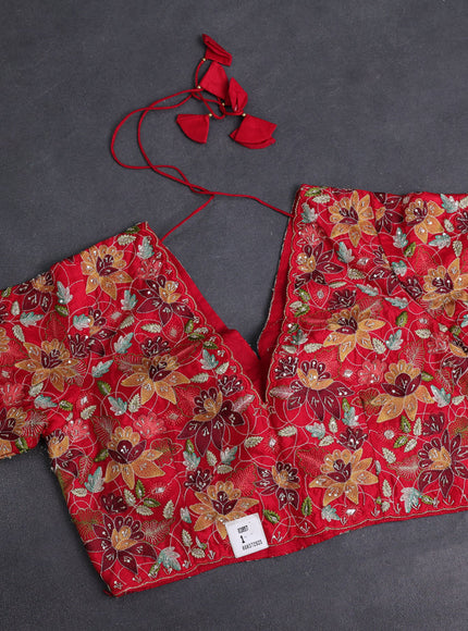 Red Tussar Silk Saree With Embroidered Readymade Blouse