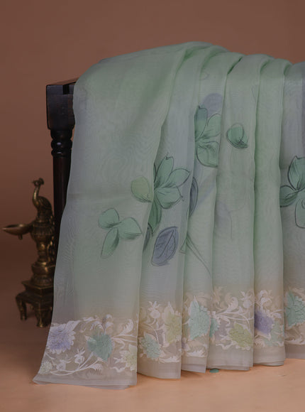 Pastel Green - Cream Organza Silk Saree