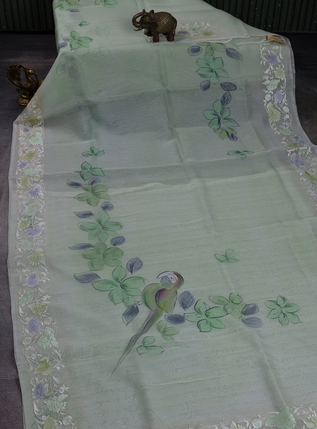 Pastel Green - Cream Organza Silk Saree