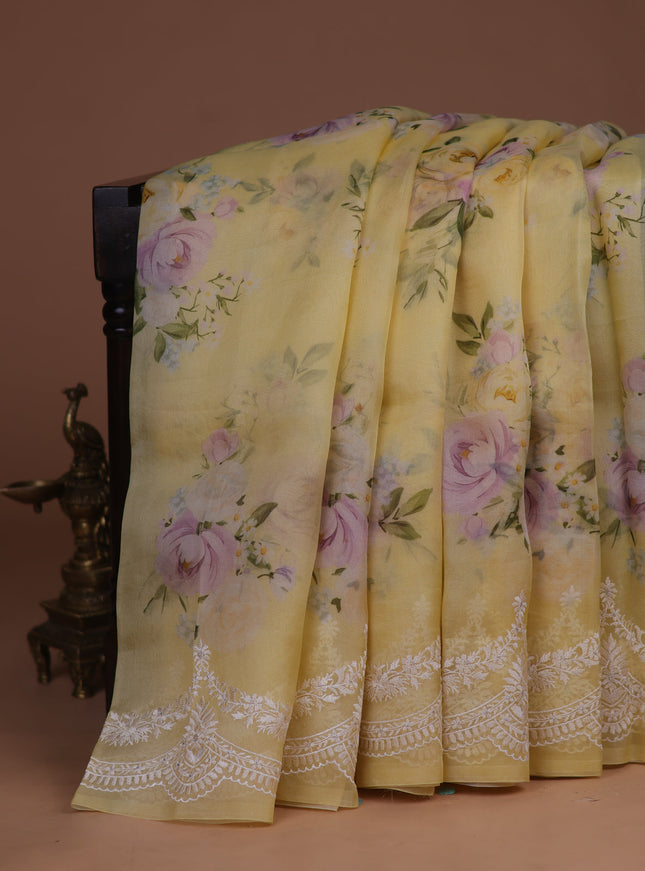 Pale Yellow Organza Silk Saree