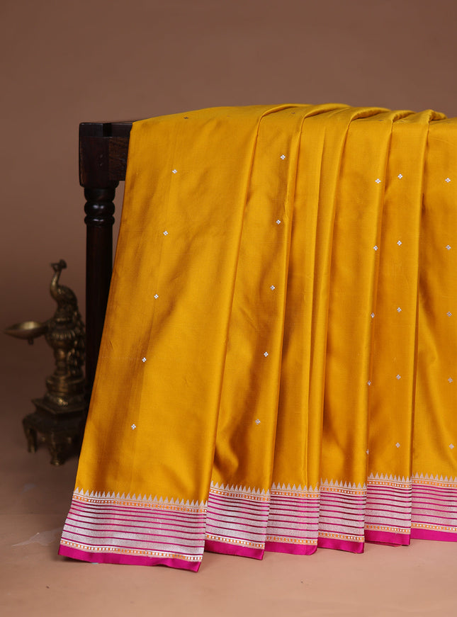 Mustard Yellow - Pink Banarasi Mushru Silk Saree