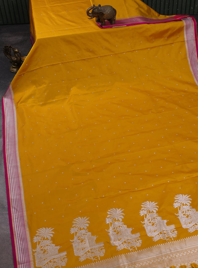 Mustard Yellow - Pink Banarasi Mushru Silk Saree