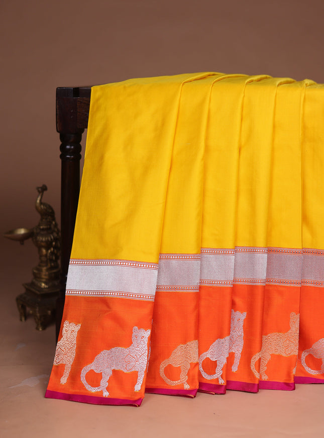 Yellow - Orange Banarasi Mushru Silk Saree