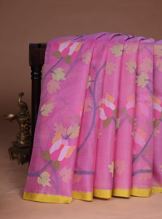 Light Pink- Lime Yellow Banarasi Dhakai Kora Silk Saree