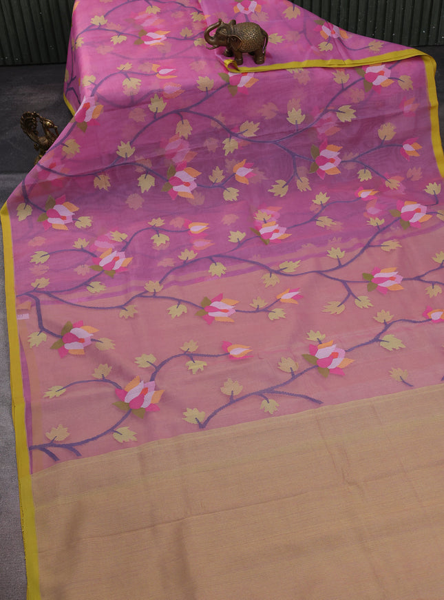 Light Pink- Lime Yellow Banarasi Dhakai Kora Silk Saree