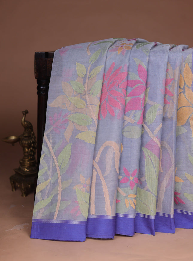 Grey -Blue Banarasi Dhakai Kora Silk Saree