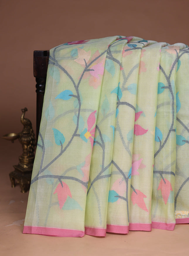 Pista Green - Gazri Pink Banarasi Dhakai Kora Silk Saree
