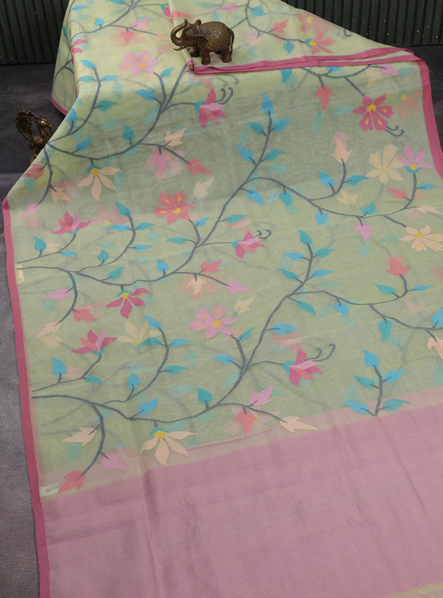 Pista Green - Gazri Pink Banarasi Dhakai Kora Silk Saree