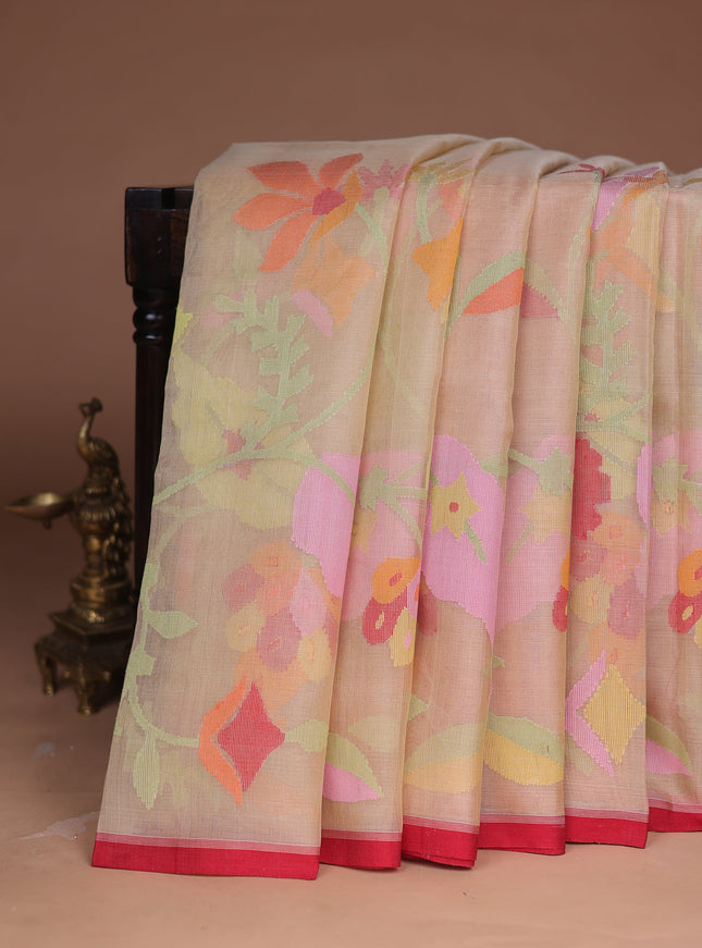 Beige - Red Banarasi Dhakai Kora Silk Saree