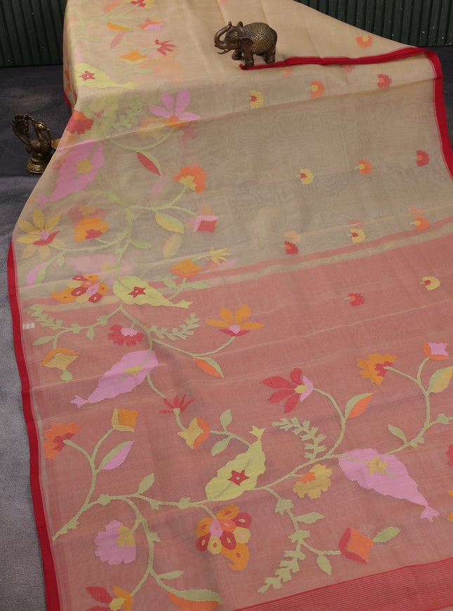 Beige - Red Banarasi Dhakai Kora Silk Saree