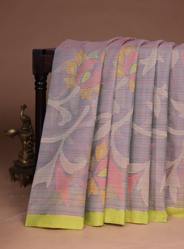 Beige- Lime Green Banarasi Dhakai Kora Silk Saree