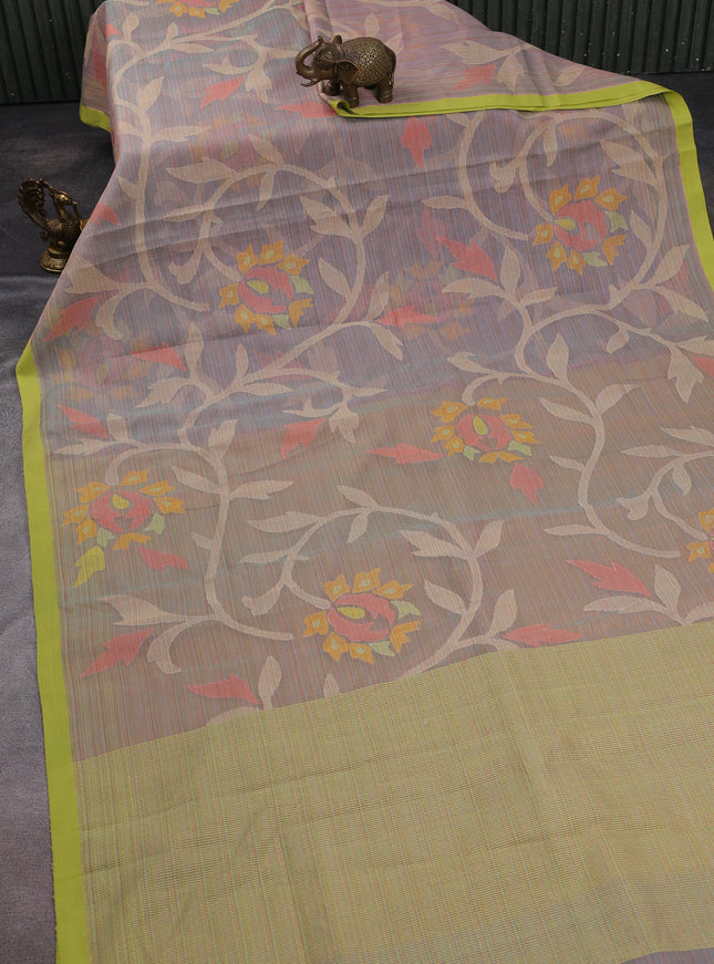 Beige- Lime Green Banarasi Dhakai Kora Silk Saree