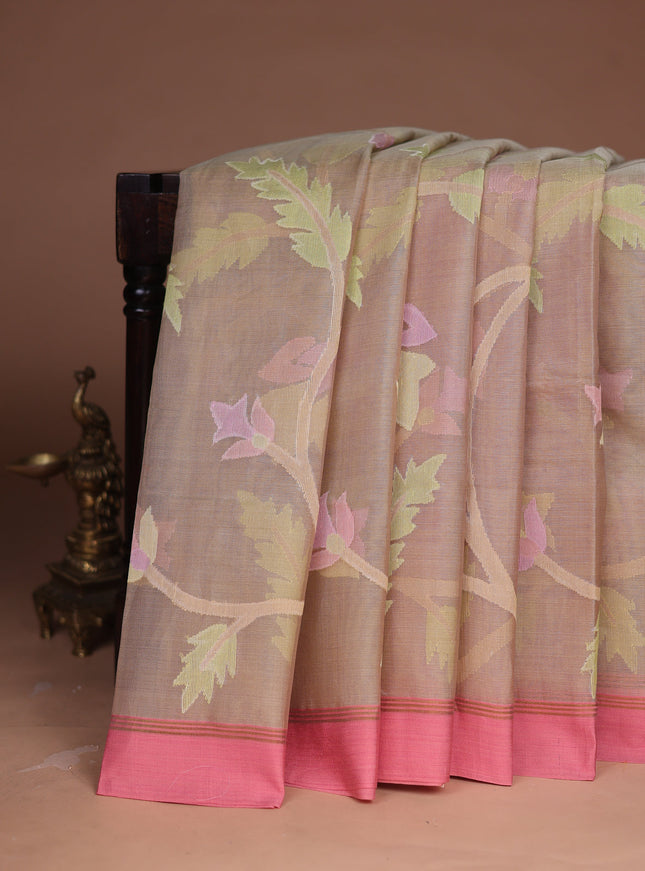 Beige-Peach Banarasi Dhakai Kora Silk Saree