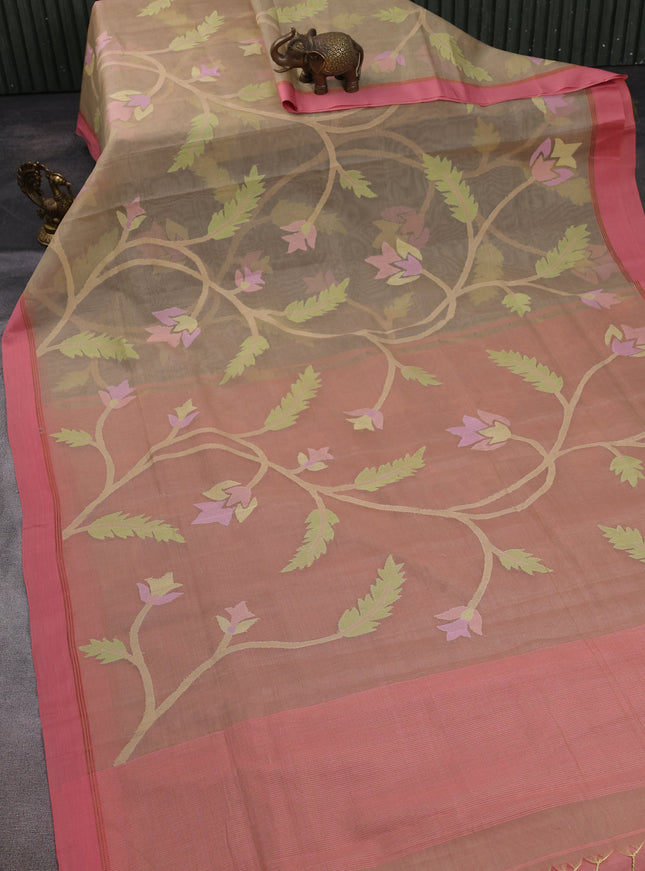 Beige-Peach Banarasi Dhakai Kora Silk Saree