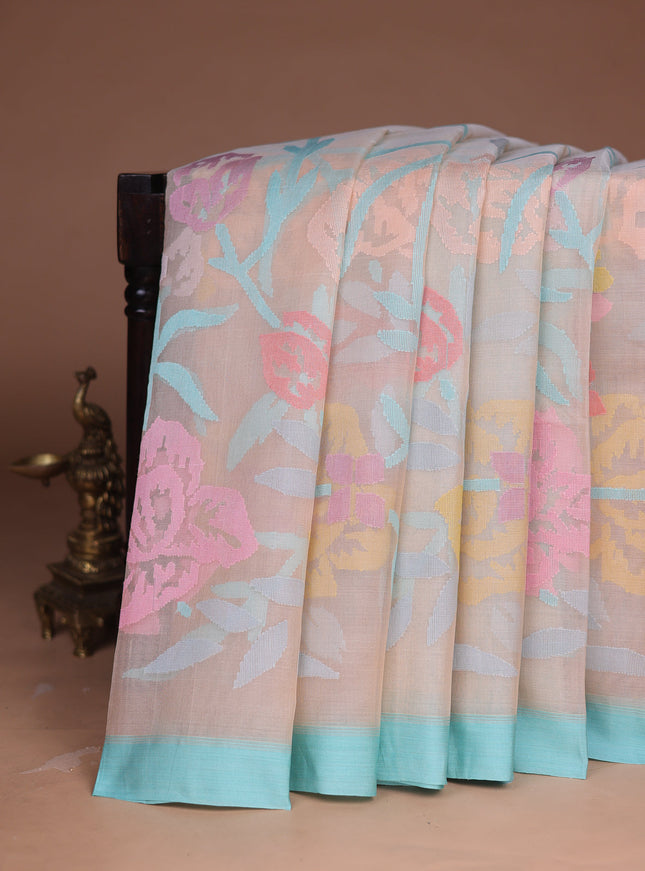 Beige - Teal Banarasi Dhakai Kora Silk Saree