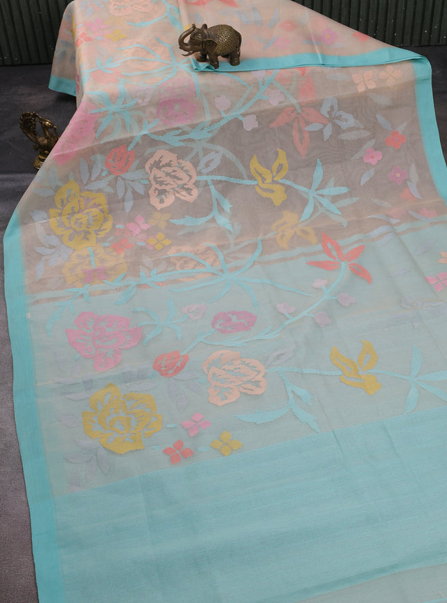 Beige - Teal Banarasi Dhakai Kora Silk Saree