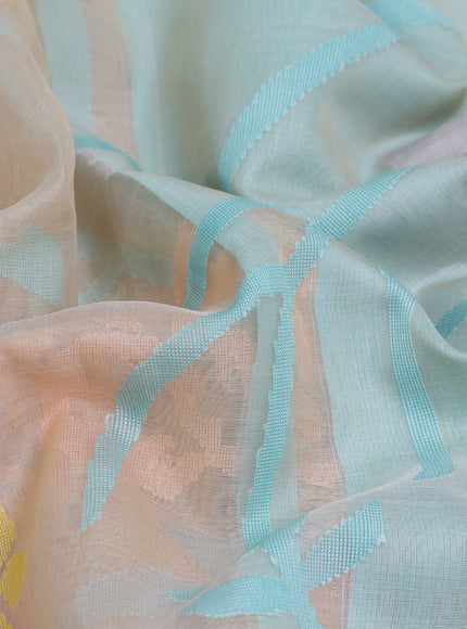 Beige - Teal Banarasi Dhakai Kora Silk Saree