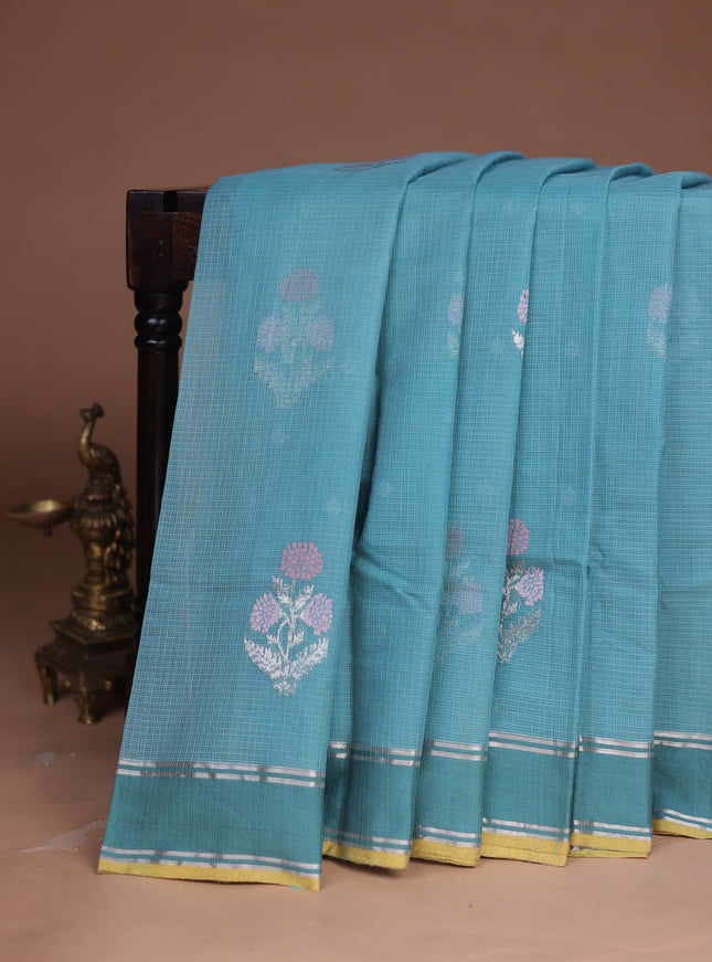 Teal Blue - Yellow Kota Cotton Real Zari Saree