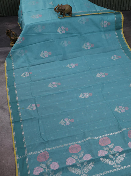 Teal Blue - Yellow Kota Cotton Real Zari Saree