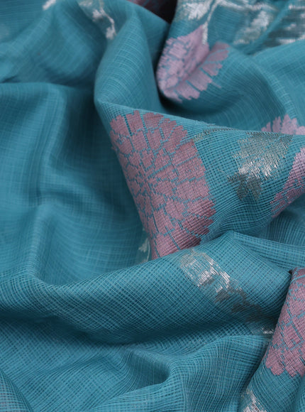 Teal Blue - Yellow Kota Cotton Real Zari Saree