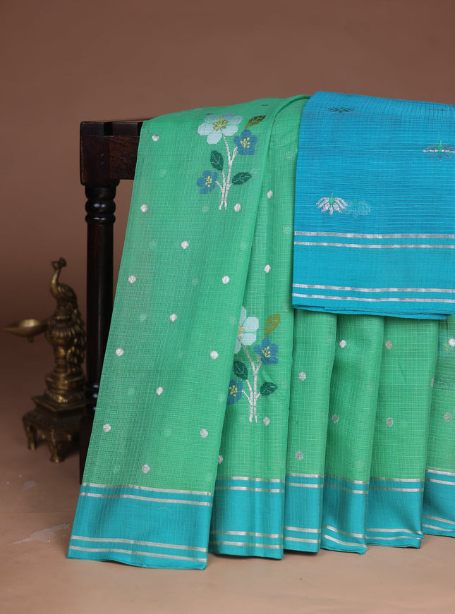 Green - Teal Green Kota Cotton Real Zari Saree