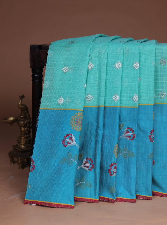 Teal Blue - Turquoise Blue Kota Cotton Real Zari Saree