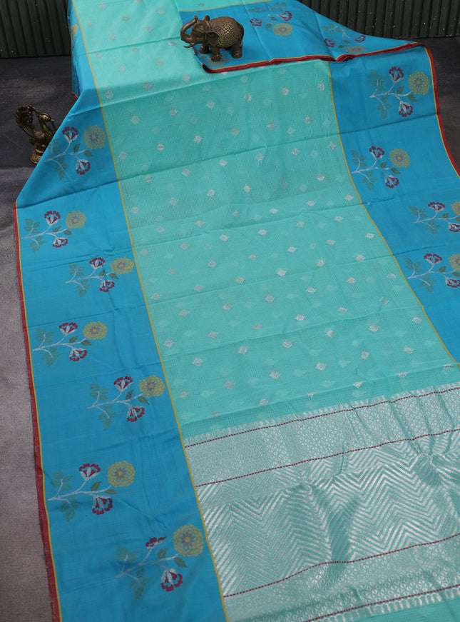 Teal Blue - Turquoise Blue Kota Cotton Real Zari Saree
