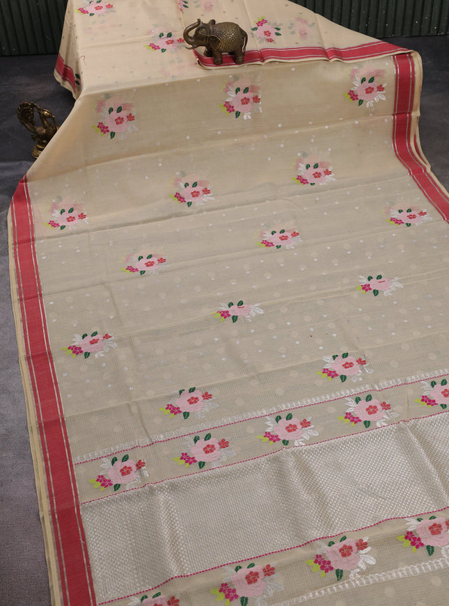 Beige -Red Kota Cotton Real Zari Saree