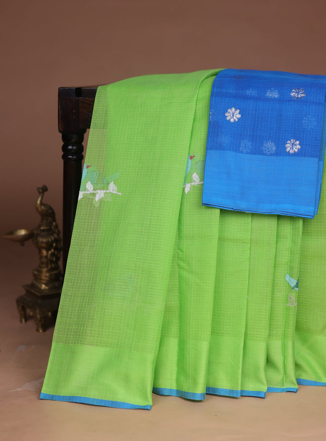 Parrot Green - Blue Kota Cotton Real Zari Saree