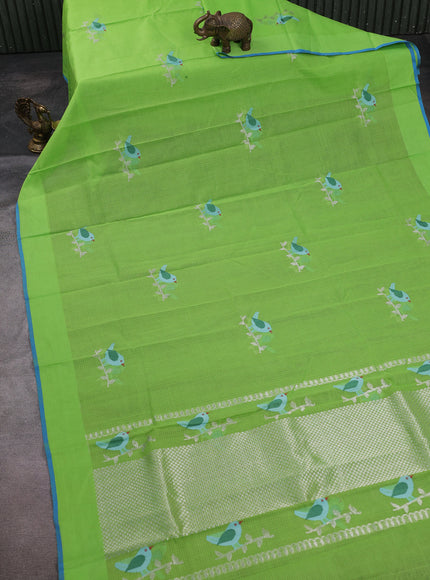 Parrot Green - Blue Kota Cotton Real Zari Saree