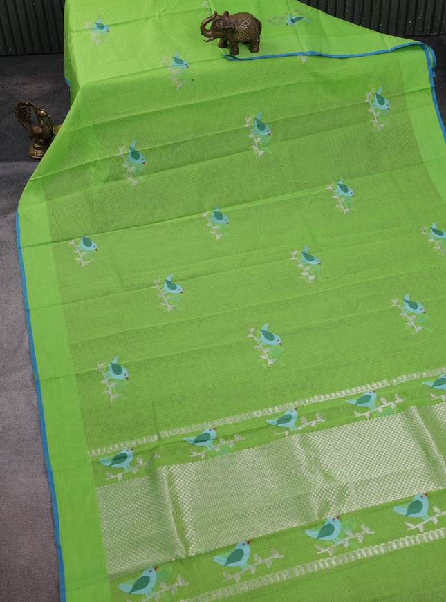 Parrot Green - Blue Kota Cotton Real Zari Saree