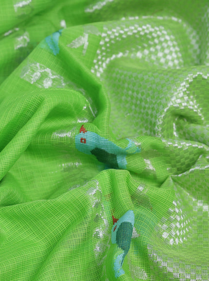 Parrot Green - Blue Kota Cotton Real Zari Saree