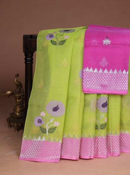 Fluorescent Green -Light Pink Kota Cotton Real Zari Saree
