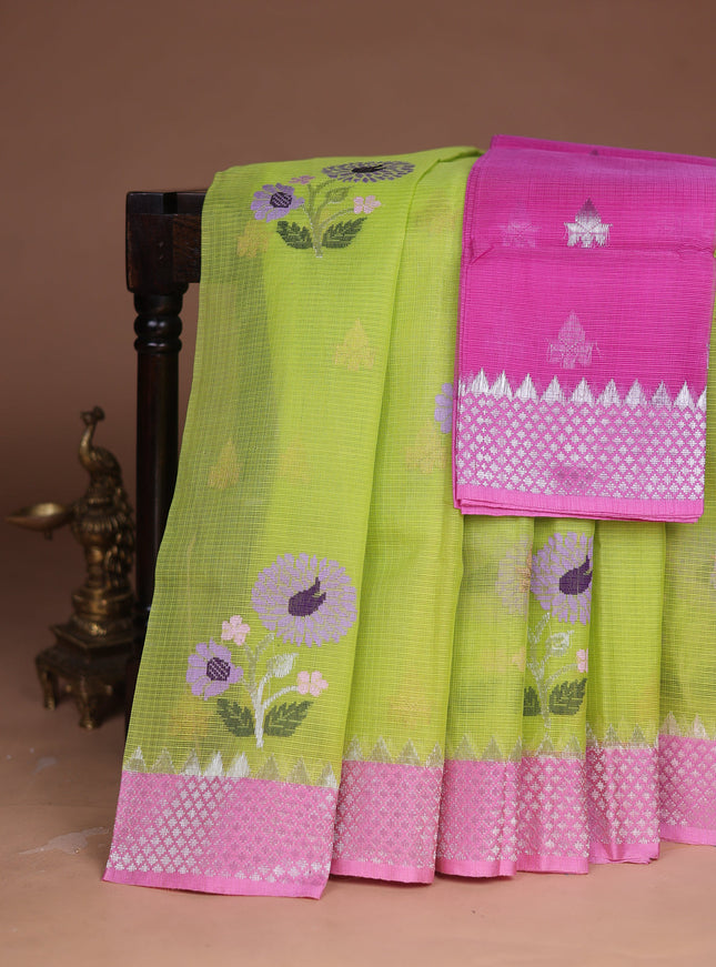 Fluorescent Green -Light Pink Kota Cotton Real Zari Saree