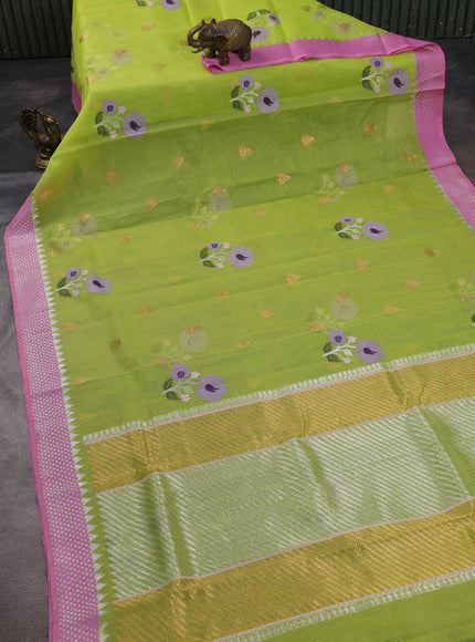 Fluorescent Green -Light Pink Kota Cotton Real Zari Saree