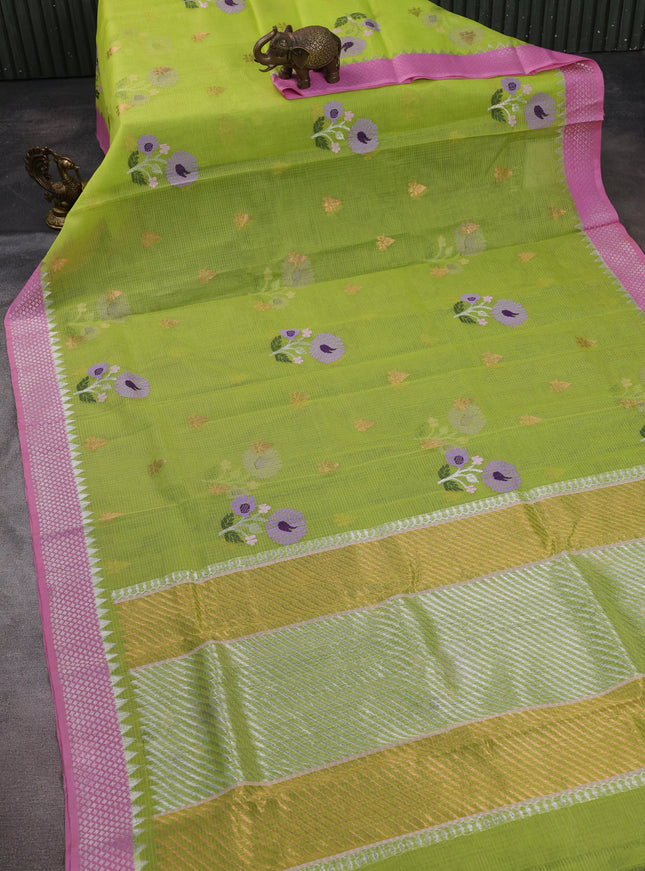Fluorescent Green -Light Pink Kota Cotton Real Zari Saree