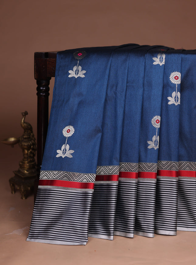 Peacock Blue-Grey Banarasi Tussar Silk Saree