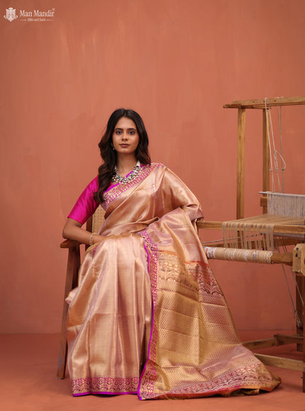 Gold - Pink Kanchipuram Tissue Silk Saree