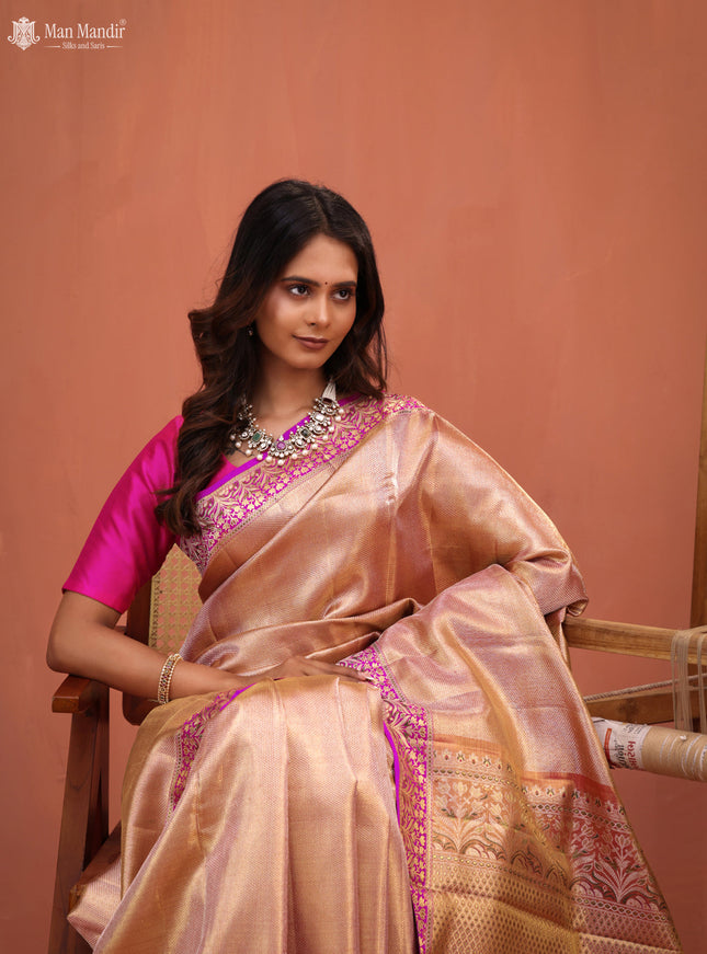 Gold - Pink Kanchipuram Tissue Silk Saree