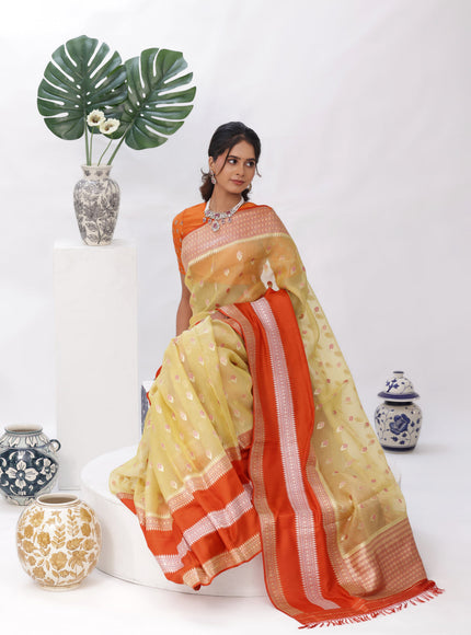 Pale Yellow - Orange Banarasi Ektara Kora Silk Saree