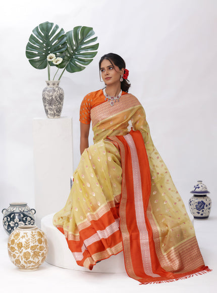 Pale Yellow - Orange Banarasi Ektara Kora Silk Saree