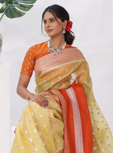 Pale Yellow - Orange Banarasi Ektara Kora Silk Saree