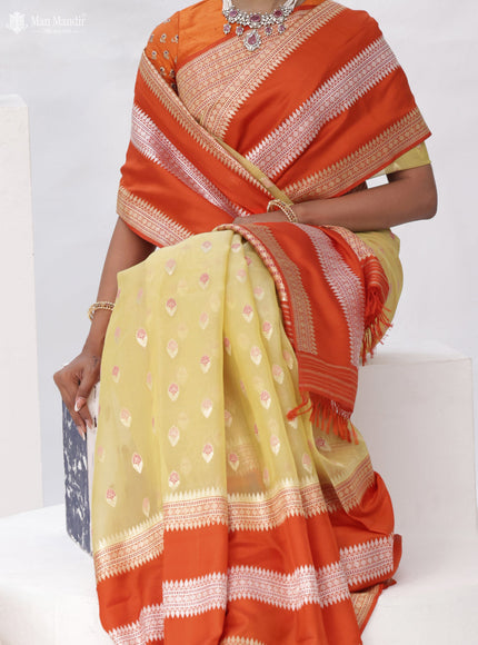 Pale Yellow - Orange Banarasi Ektara Kora Silk Saree