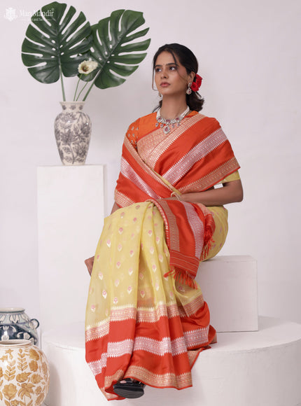 Pale Yellow - Orange Banarasi Ektara Kora Silk Saree
