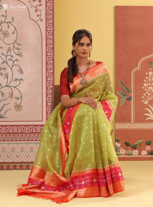 Lime Green -Orange Banarasi Ektara Kora Silk Saree