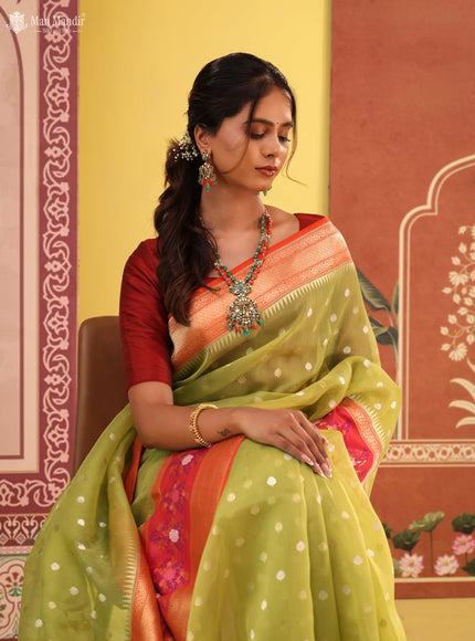 Lime Green -Orange Banarasi Ektara Kora Silk Saree
