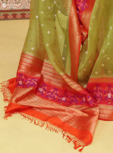 Lime Green -Orange Banarasi Ektara Kora Silk Saree