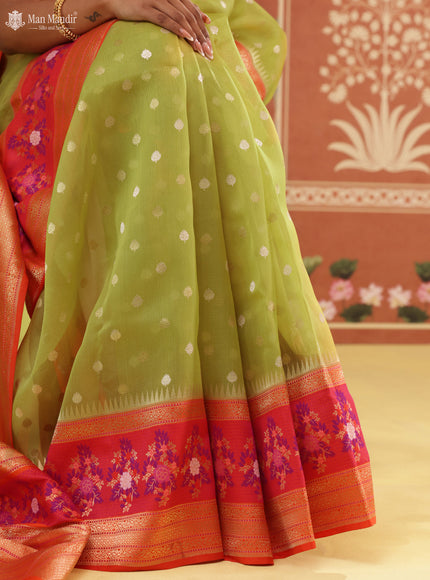 Lime Green -Orange Banarasi Ektara Kora Silk Saree
