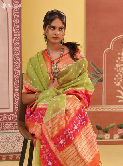 Lime Green -Orange Banarasi Ektara Kora Silk Saree