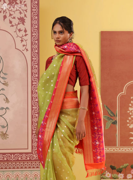 Lime Green -Orange Banarasi Ektara Kora Silk Saree